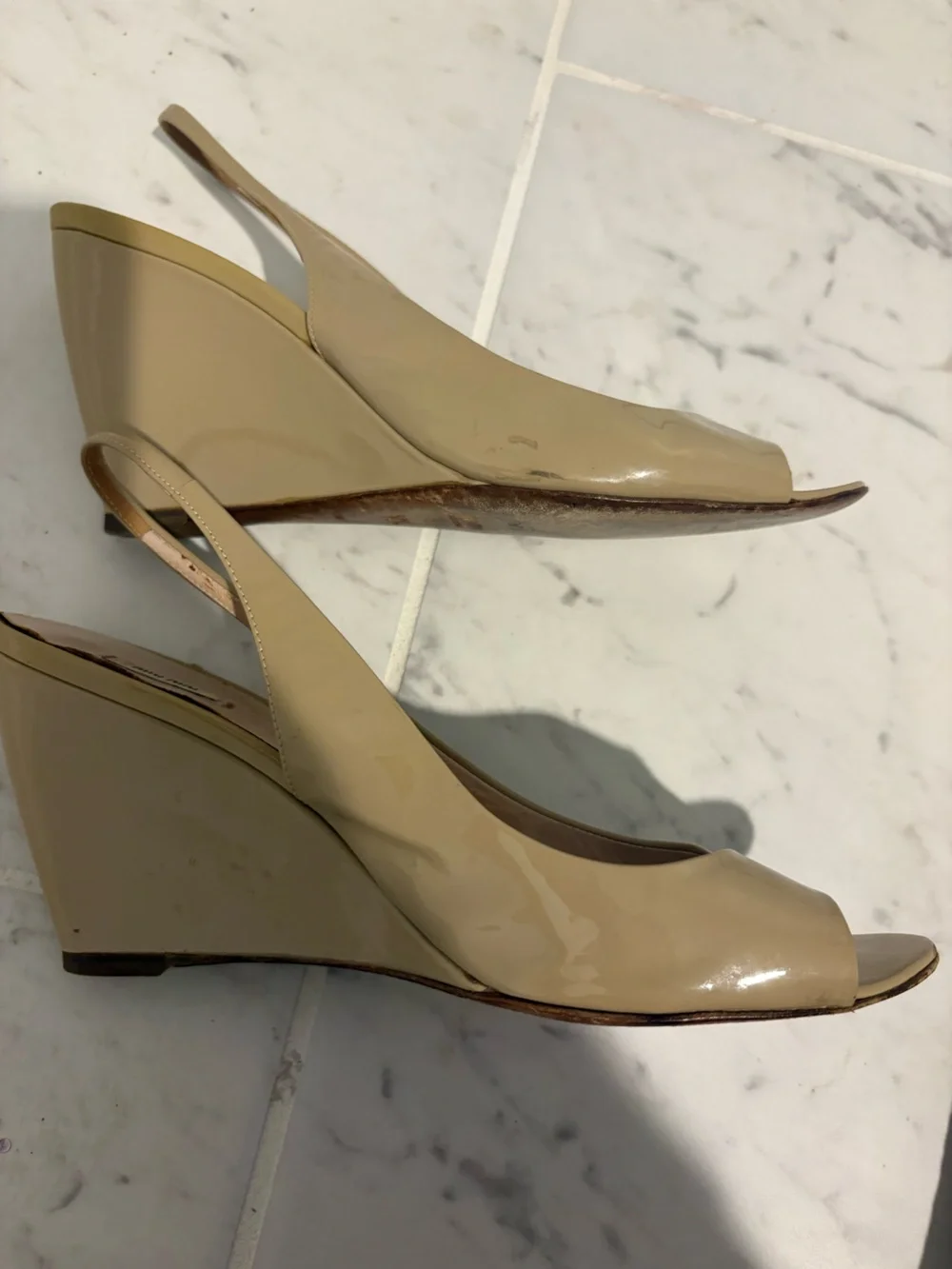 Miu Miu Tan Beige Peep Toe Wedge Slingback Heels